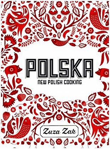 Cookbook cover with red floral designs, animals, and the title “Polska”.