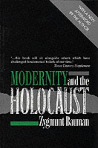 Book cover: "Modernity and the Holocaust" by Zygmunt Bauman, black and white.