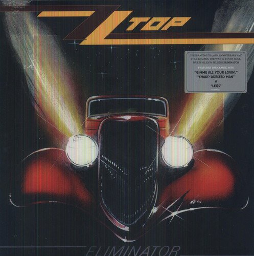 ZZ Top’s “Eliminator” vinyl album cover featuring a red hot rod car.