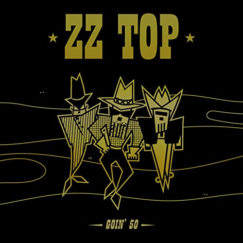 ZZ Top album cover, "Goin' 50", featuring three stylized figures in hats.