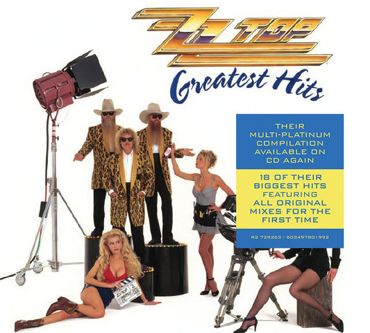 ZZ Top “Greatest Hits” CD cover with band members and models.