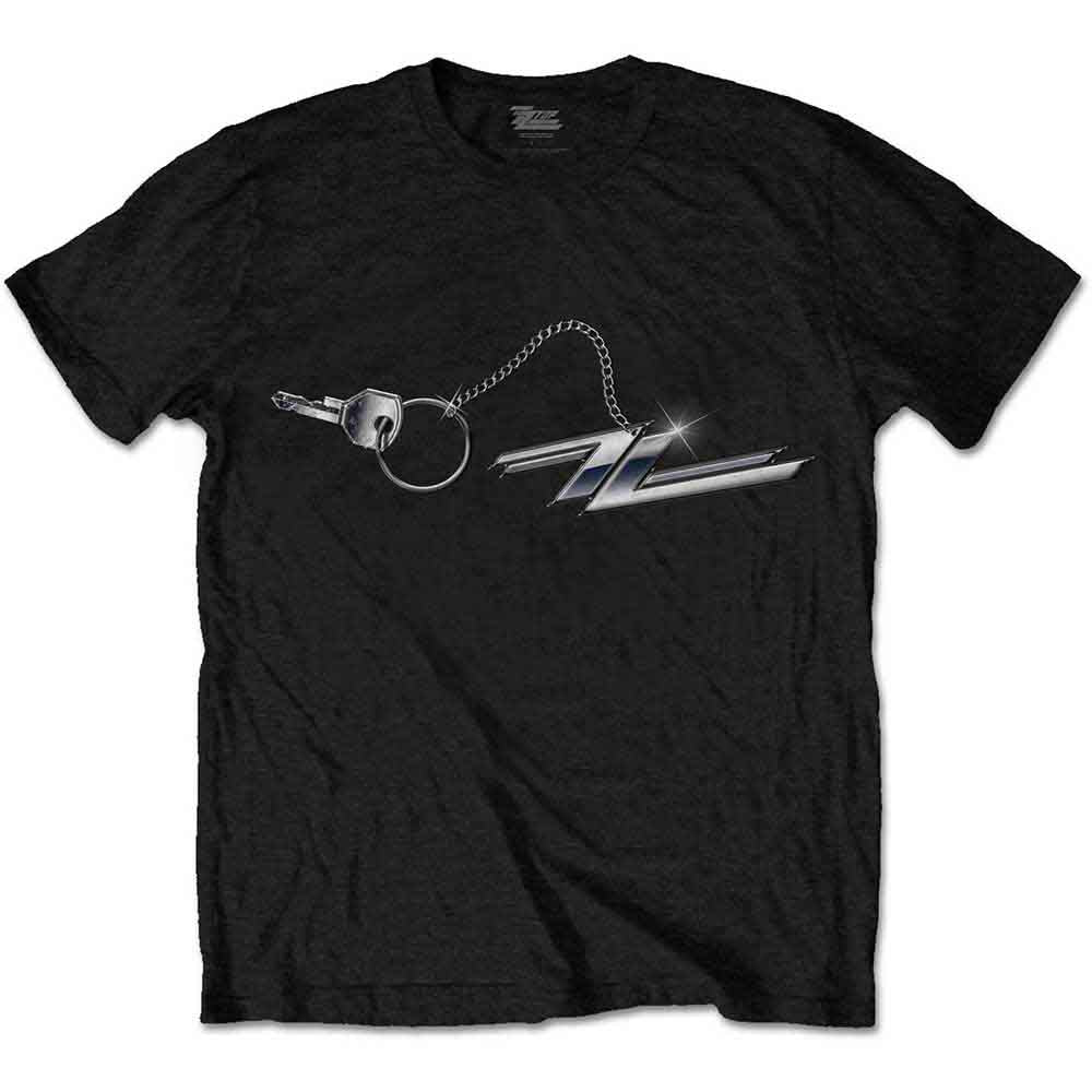 Black ZZ Top t-shirt with a silver keychain and logo graphic.