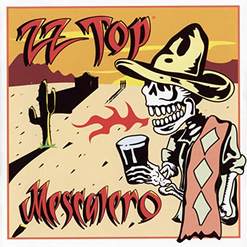 ZZ Top's "Mescalero" CD cover: skeleton with a drink in the desert.