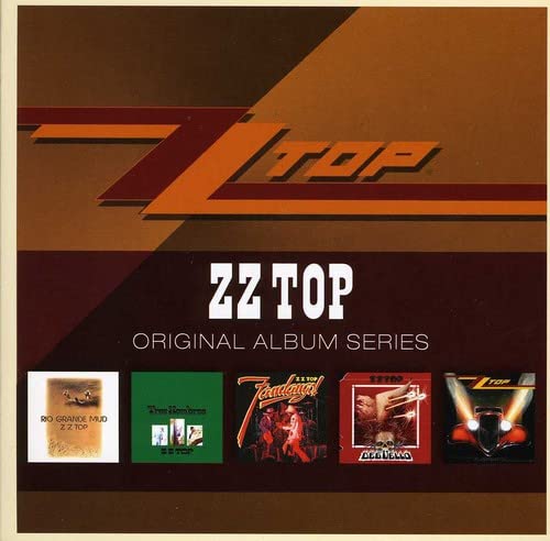 Brown album cover with five ZZ Top album artworks displayed at the bottom.