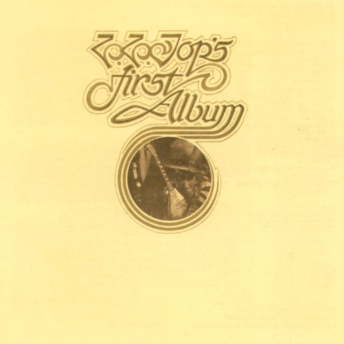 ZZ Top’s first album cover, tan background, guitar in oval frame.