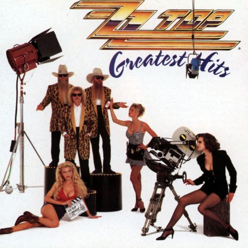 ZZ Top's "Greatest Hits" album cover with band and film crew imagery.
