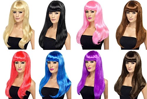 Eight long, straight wigs with bangs in various bright colors.