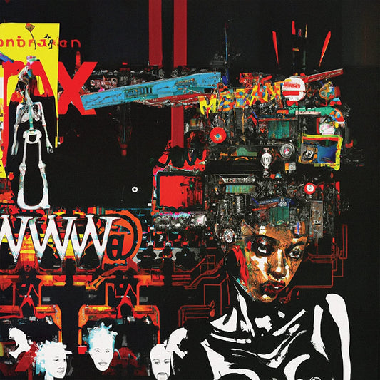 "Collage artwork featuring a skeleton figure with a colorful, abstract head on black background."