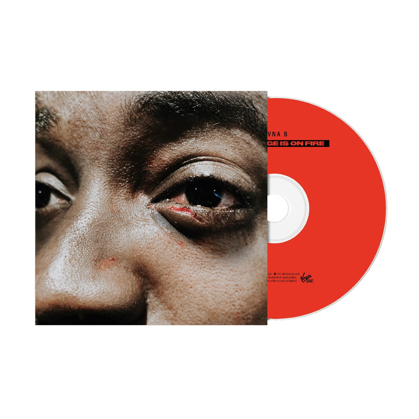 "CD case with a close-up image of a man's face and a red CD."