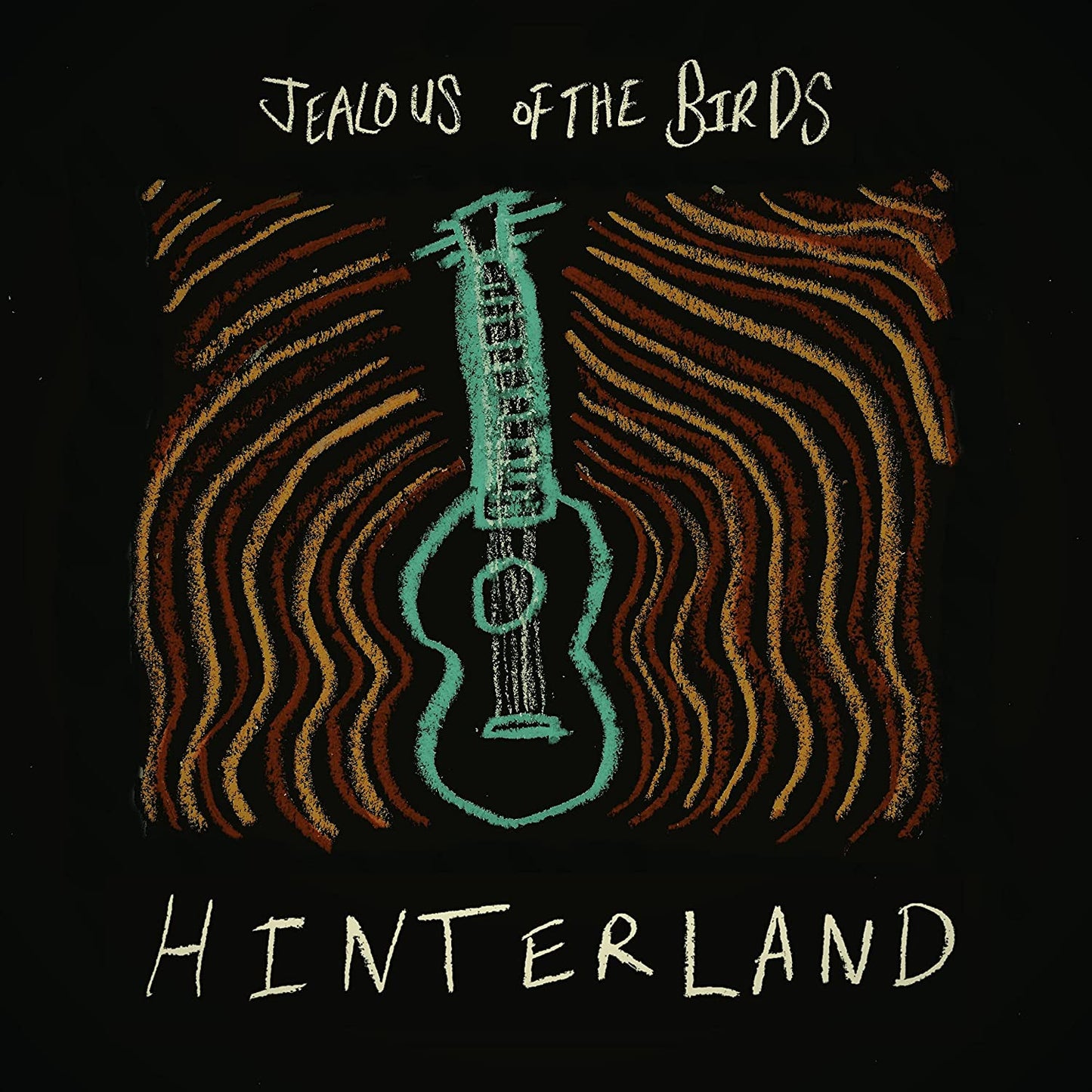"Album cover with black background, green guitar, and wavy brown and yellow lines."