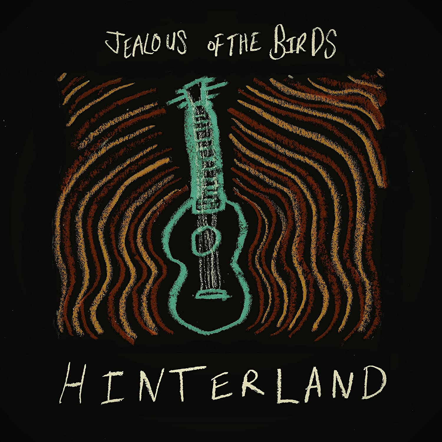 "Album cover with black background, green guitar, and wavy brown and yellow lines."