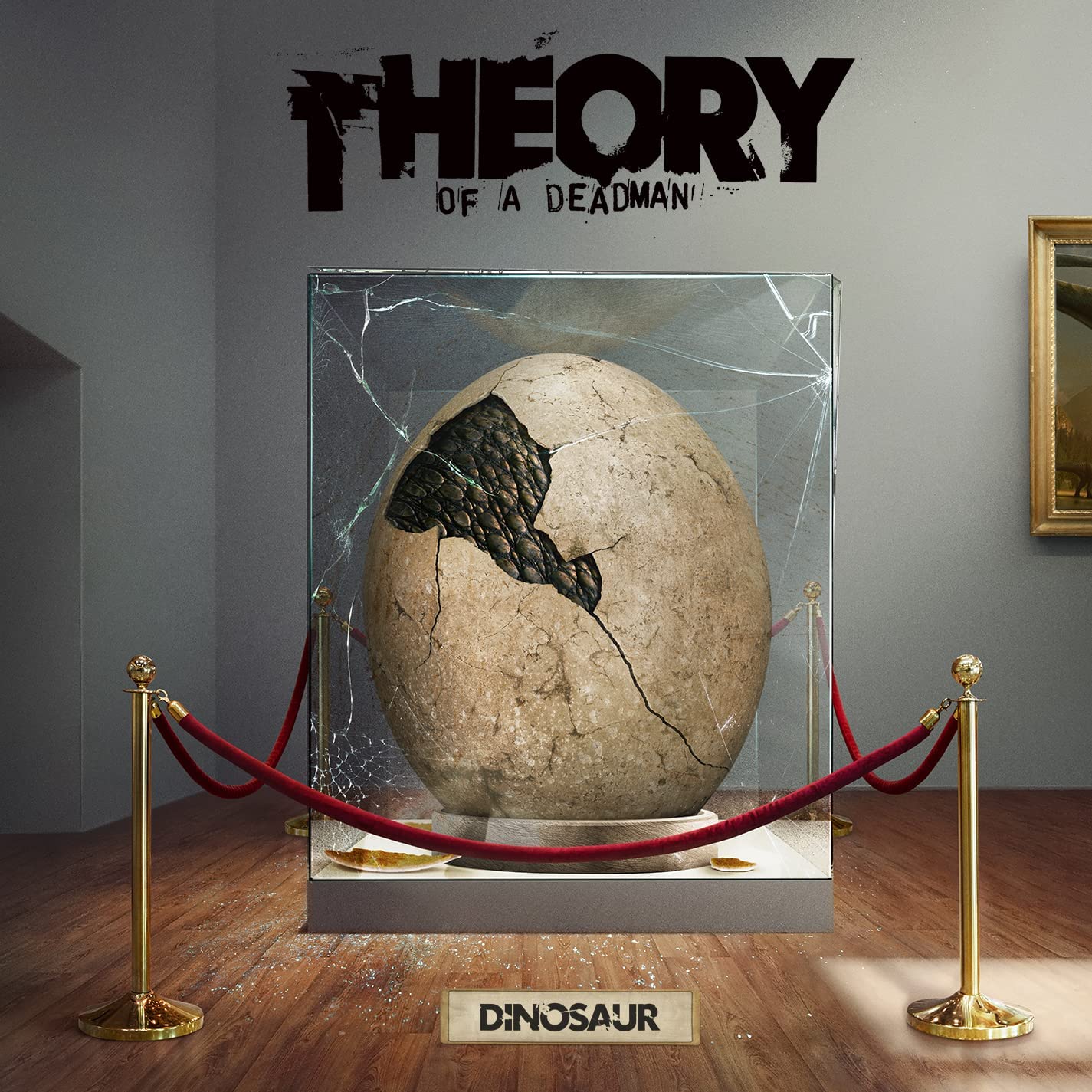 "Album cover featuring a cracked dinosaur egg in a glass case."