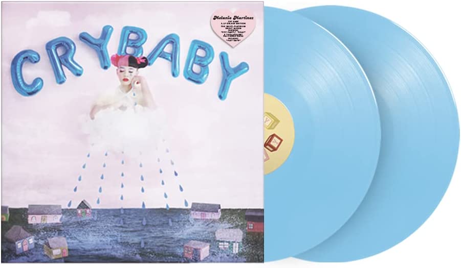"Melanie Martinez's 'Cry Baby' vinyl record cover with blue vinyl records."