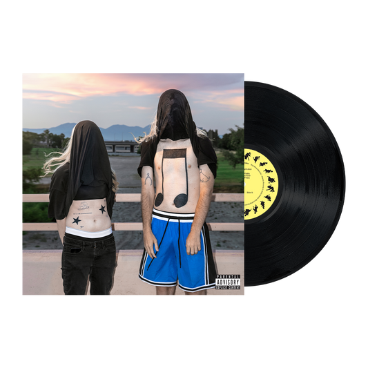 "Black vinyl record with album cover featuring two people with hoods and tattoos."