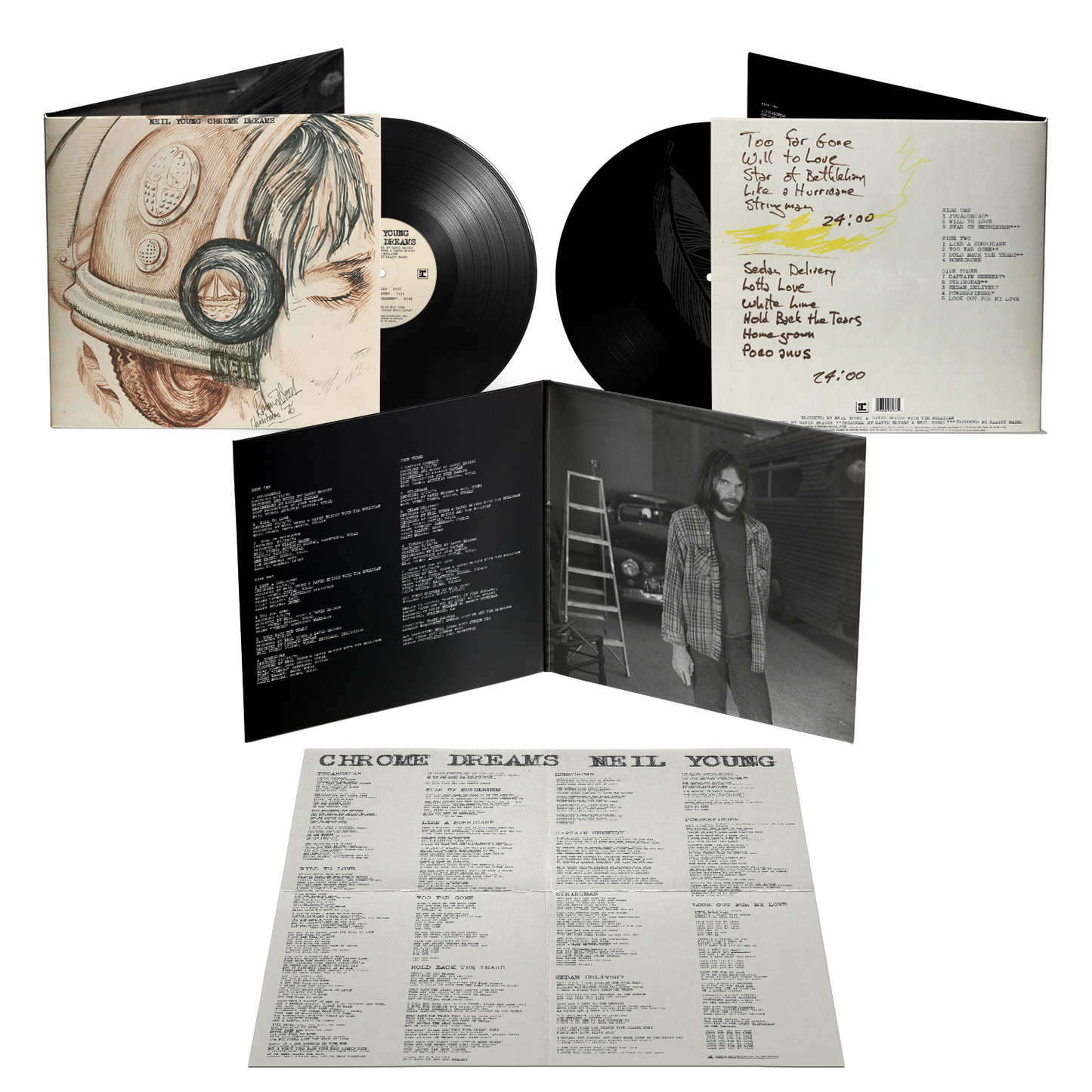 "Neil Young's Chrome Dreams vinyl record with cover art, sleeve, and inner booklet."