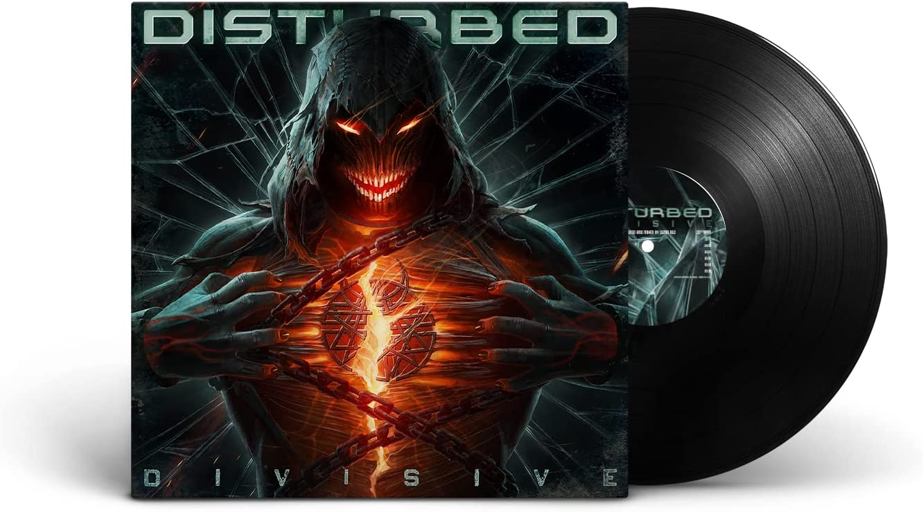 "Black vinyl record and cover art featuring a hooded figure with glowing eyes."