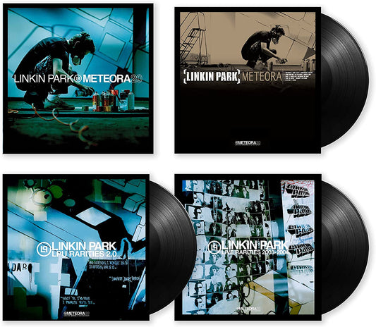 "Four vinyl records with different Linkin Park album covers displayed together."