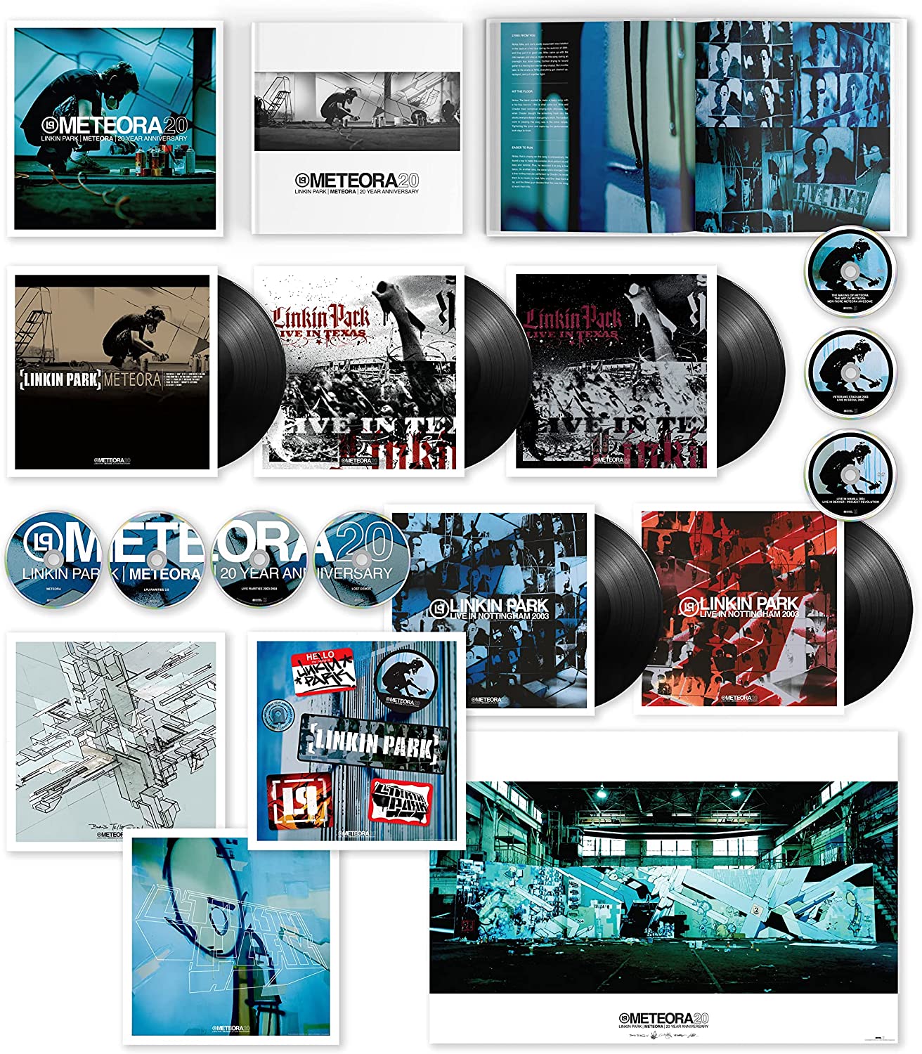 "Linkin Park's Meteora 20th Anniversary vinyl and CD collection with various album covers and artwork."