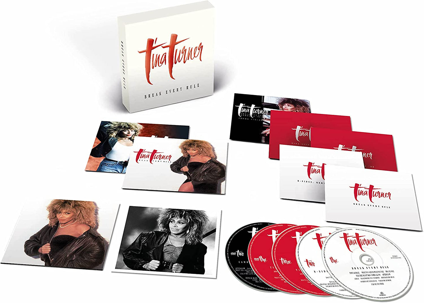 Tina Turner's "Break Every Rule" deluxe edition box set with CDs, DVDs, and booklets.
