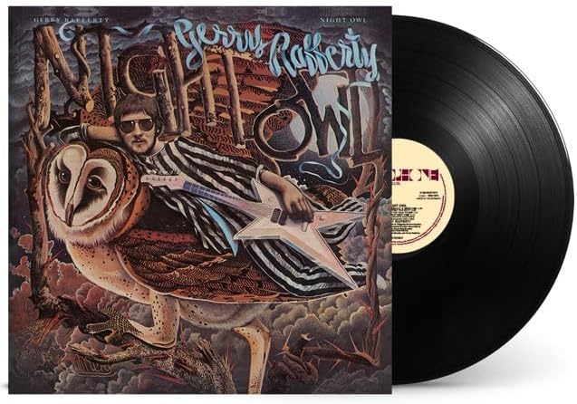 Vinyl record with cover art featuring a man and owl illustration.