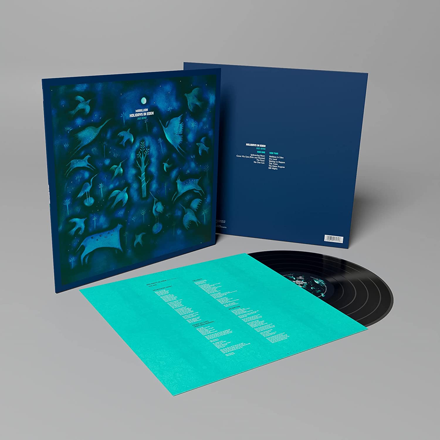 "Vinyl record and sleeve with blue cover art and turquoise lyric insert."