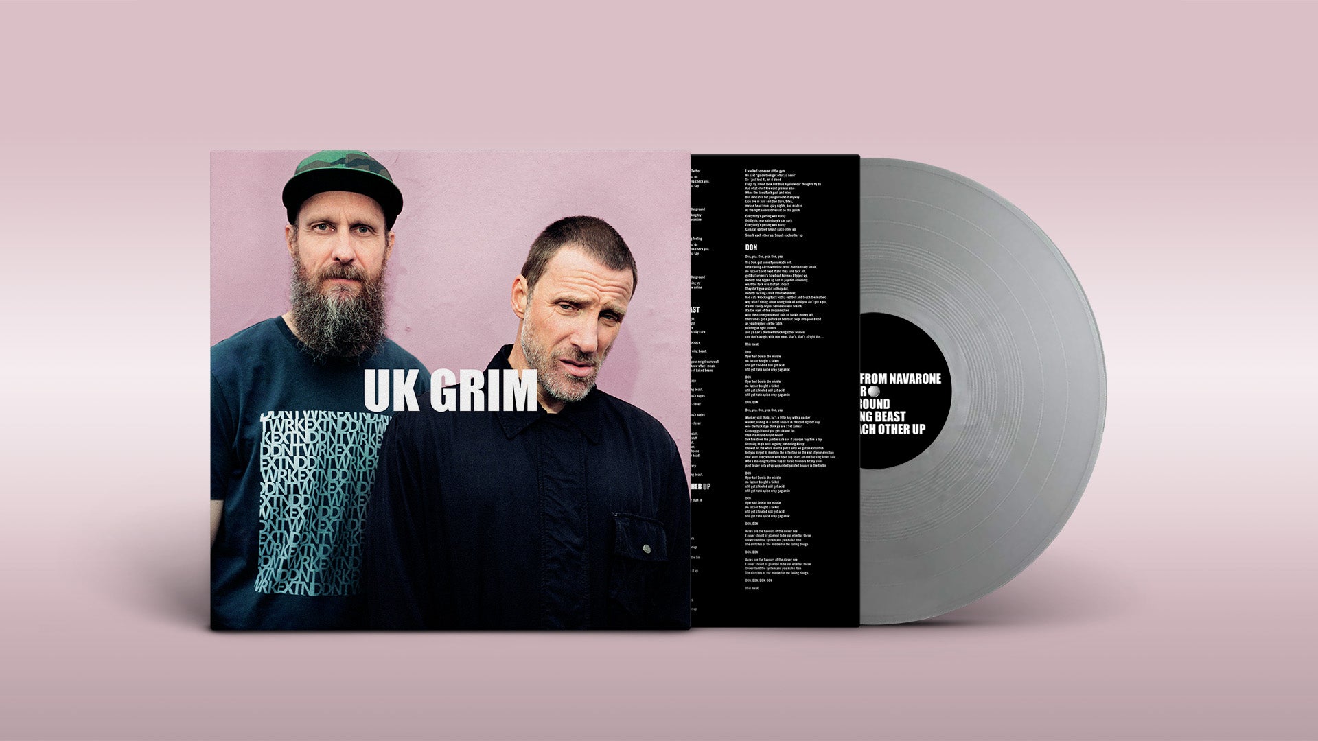 "Sleaford Mods vinyl record with silver disc and album cover featuring two men."