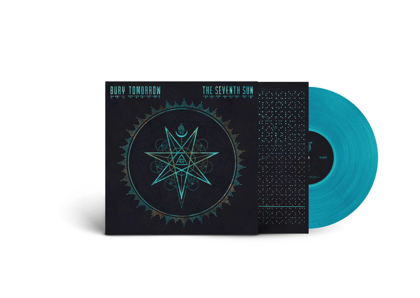"Teal vinyl record with black cover featuring a star design."
