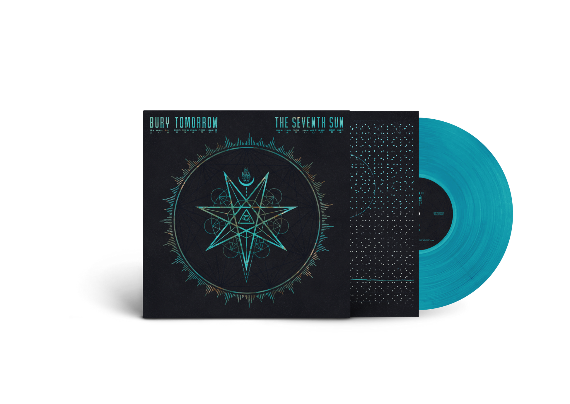 "Teal vinyl record with black cover featuring a star design."