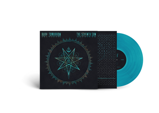 "Teal vinyl record with black cover featuring a star design."