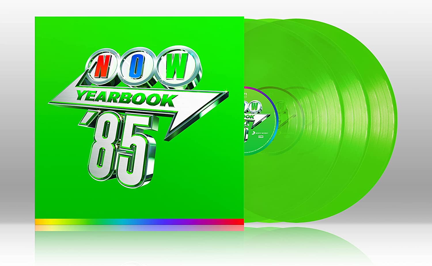"Green vinyl record with matching sleeve, featuring 'NOW Yearbook 85' logo."