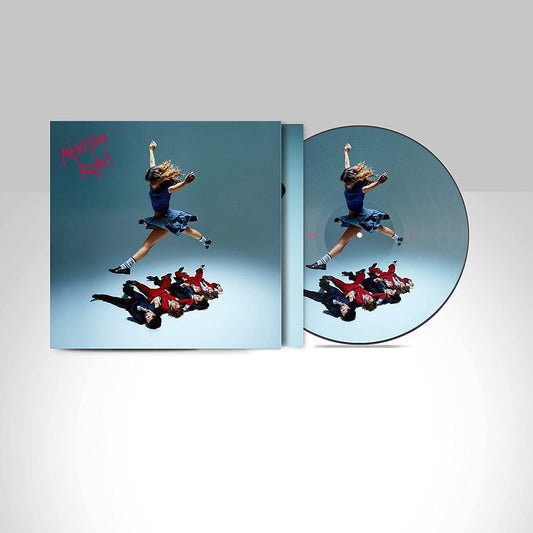 "Blue vinyl record and cover with a jumping girl and band members."