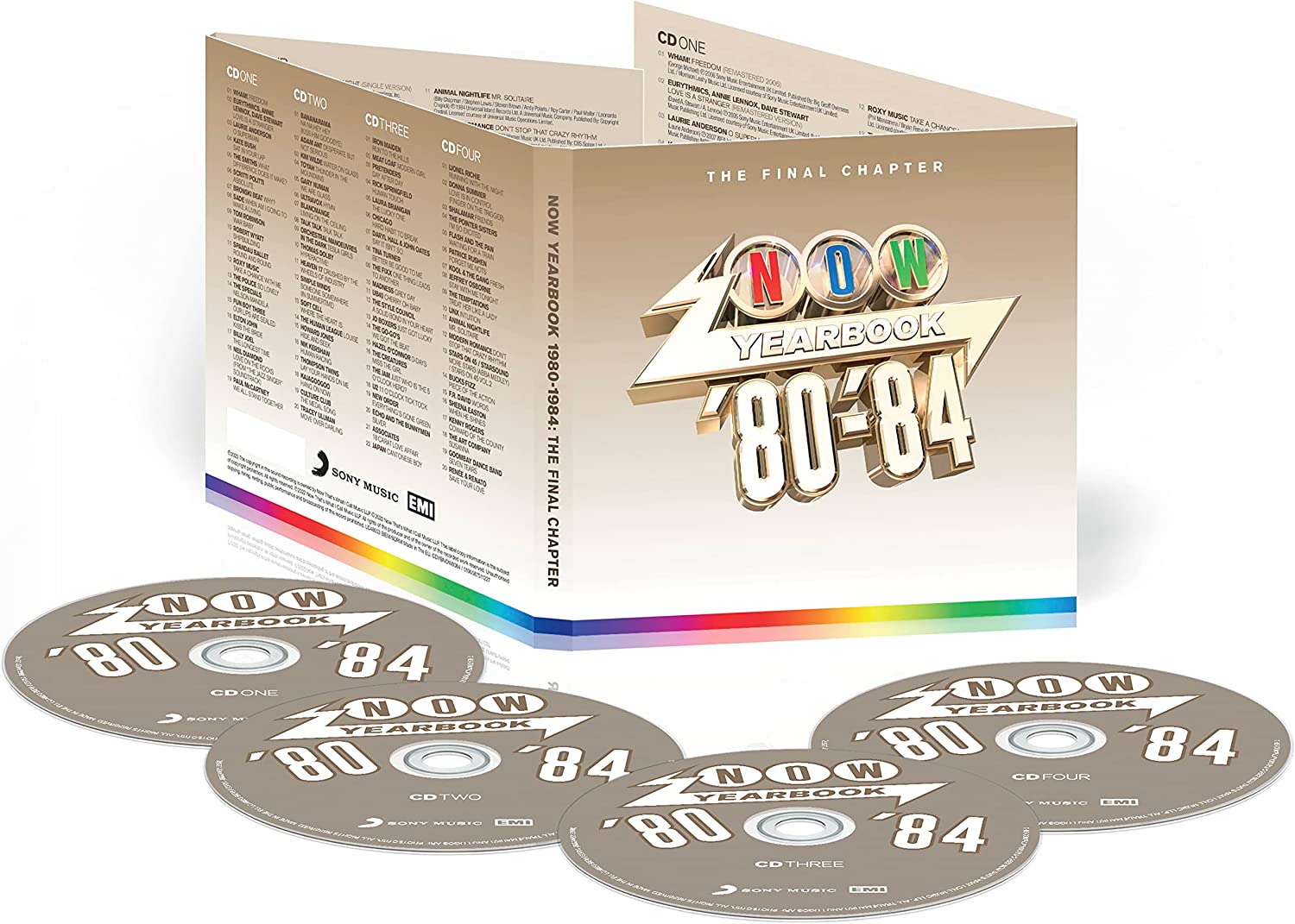 "CD box set titled 'NOW YEARBOOK 80-84' with four discs and rainbow stripe."