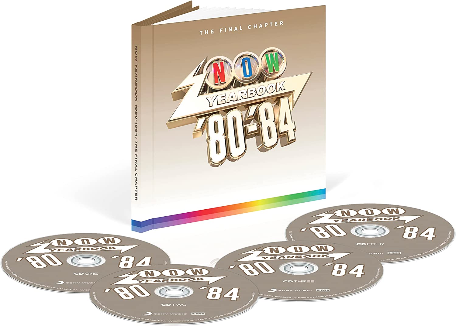 "CD case with 'NOW Yearbook 80-84' on the cover, accompanied by four CDs."