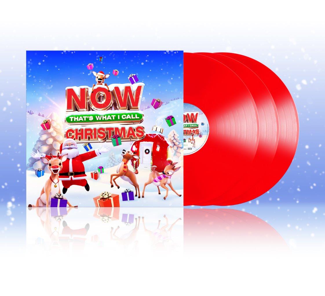 "Red vinyl records with a Christmas album cover featuring Santa and reindeer."