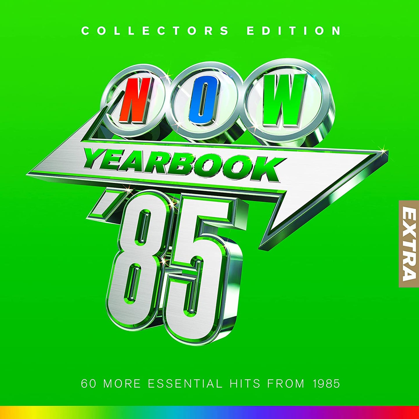 "Silver 'NOW YEARBOOK 85 EXTRA' text on a vibrant green background with rainbow stripe."