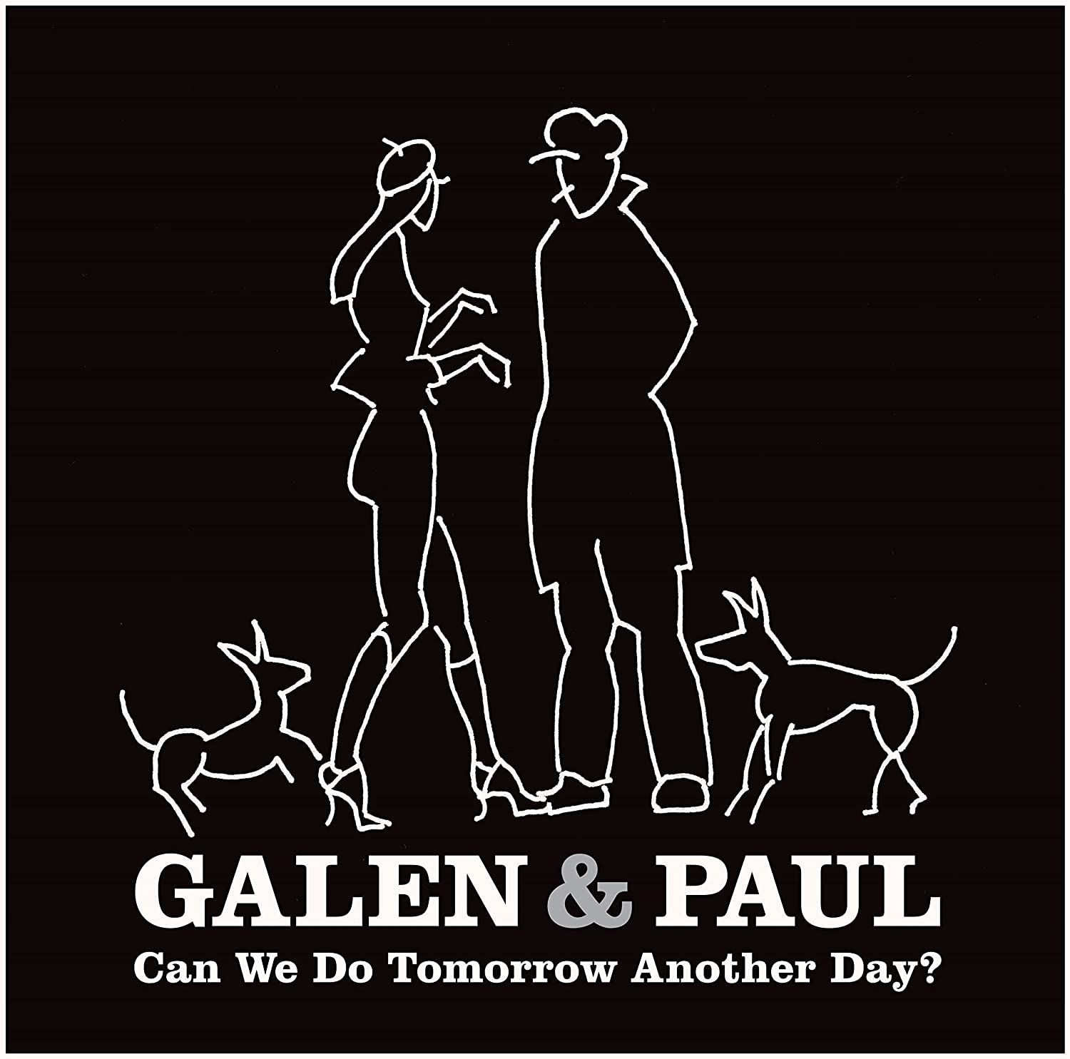 "Black album cover with white line art of couple and dogs, text 'Galen & Paul'."
