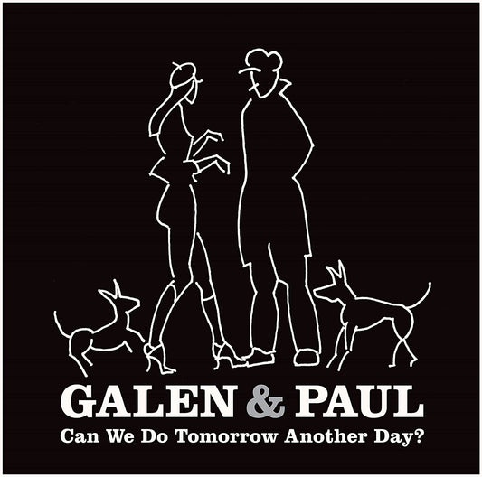 "Black album cover with white line art of couple and dogs, text 'Galen & Paul'."