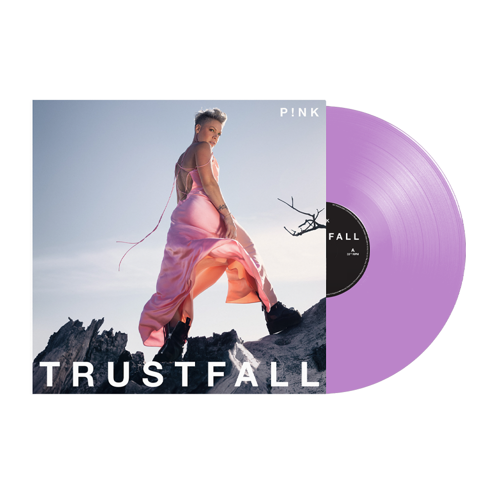 Violet vinyl record with "Trustfall" album cover featuring P!nk in a pink dress.