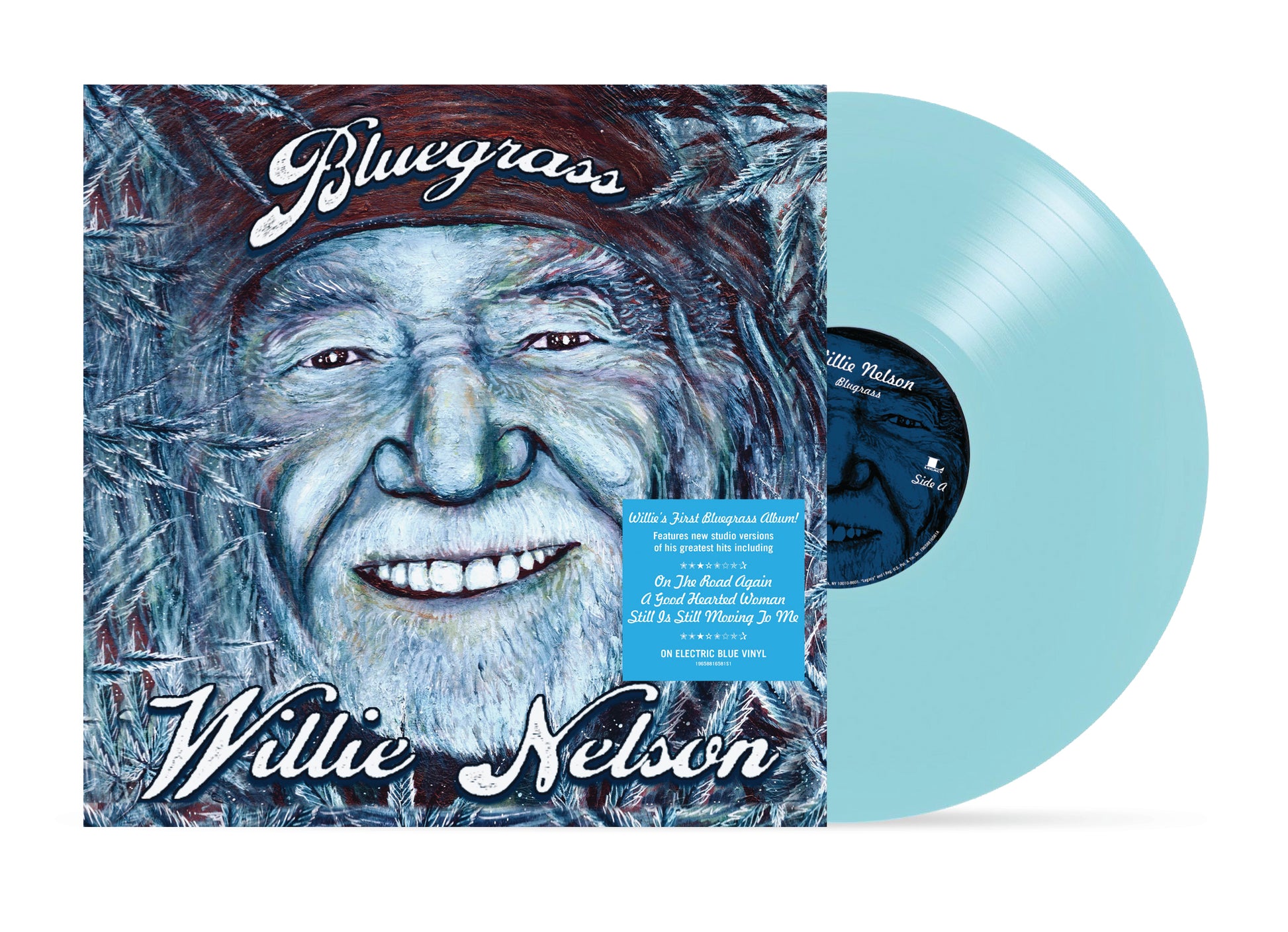 "Blue vinyl record with Willie Nelson's portrait on the album cover."
