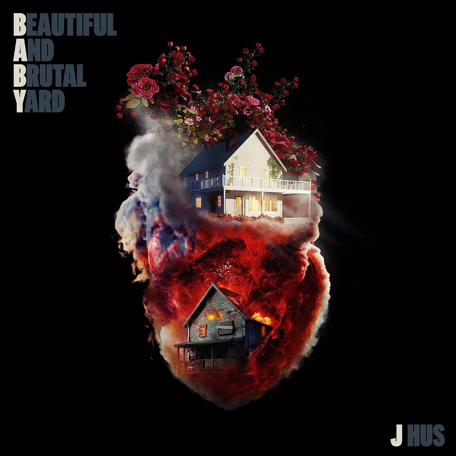 "Album cover with a house on fire surrounded by red roses on a black background."