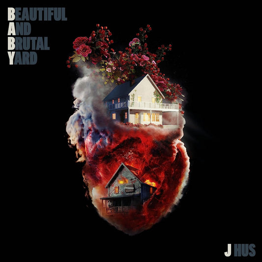 "Album cover with a house on fire surrounded by red roses on a black background."