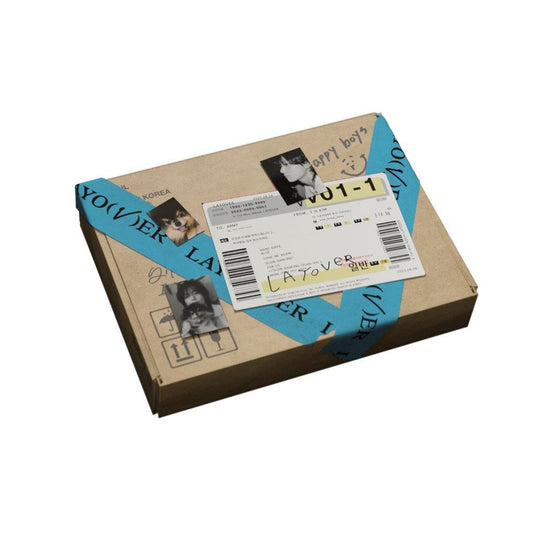 Brown cardboard box with blue tape and a barcode sticker.
