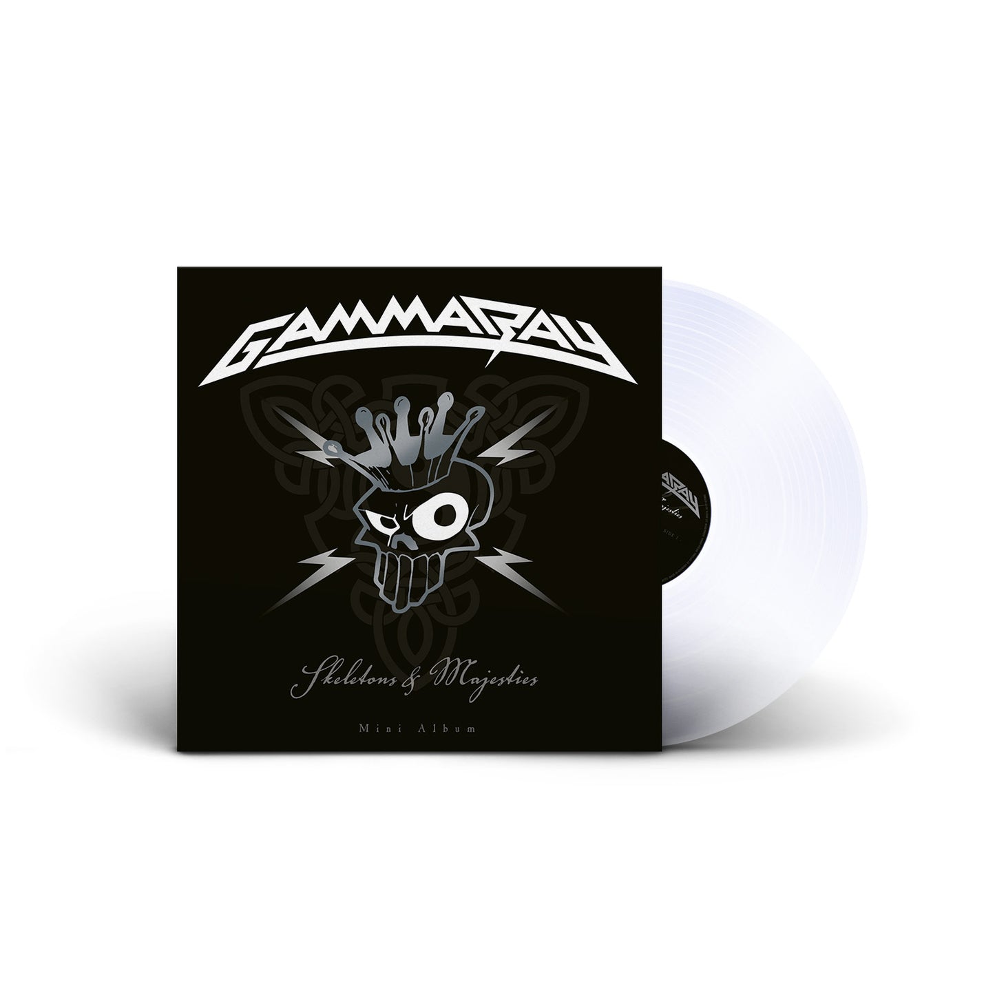 "Black vinyl record sleeve with white text and skull design, partially covering white vinyl."