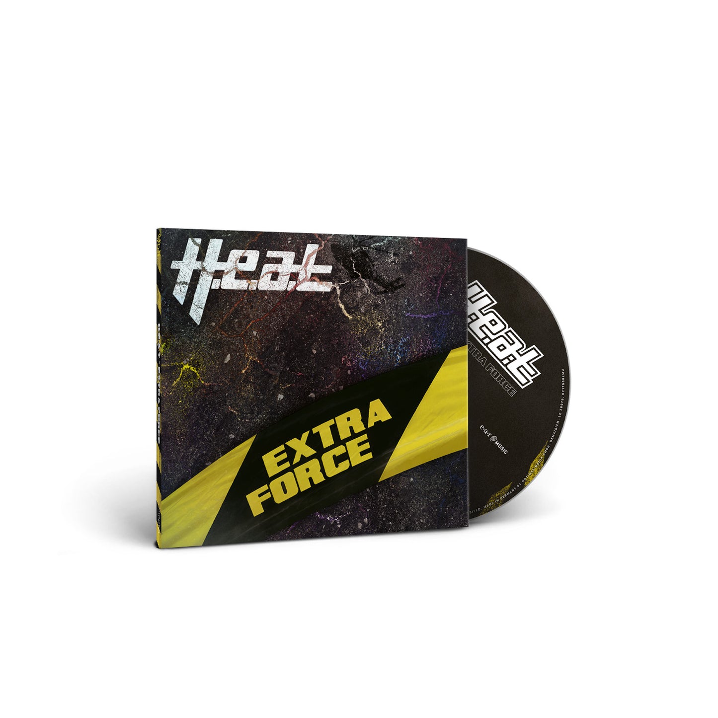 "CD case with a black and yellow cover and a partially visible CD."