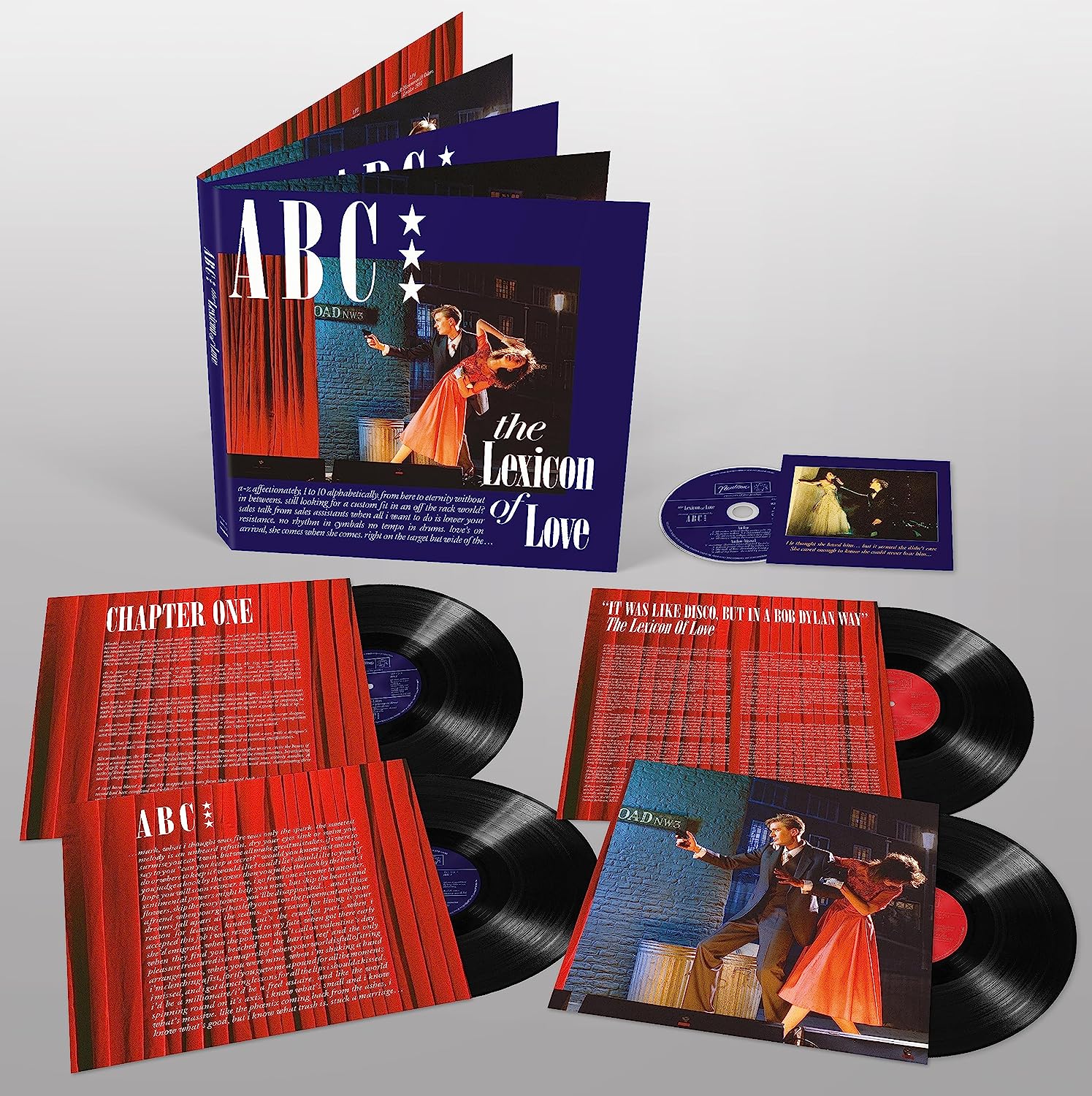 "Four vinyl records and a Blu-ray disc with a blue and red cover."