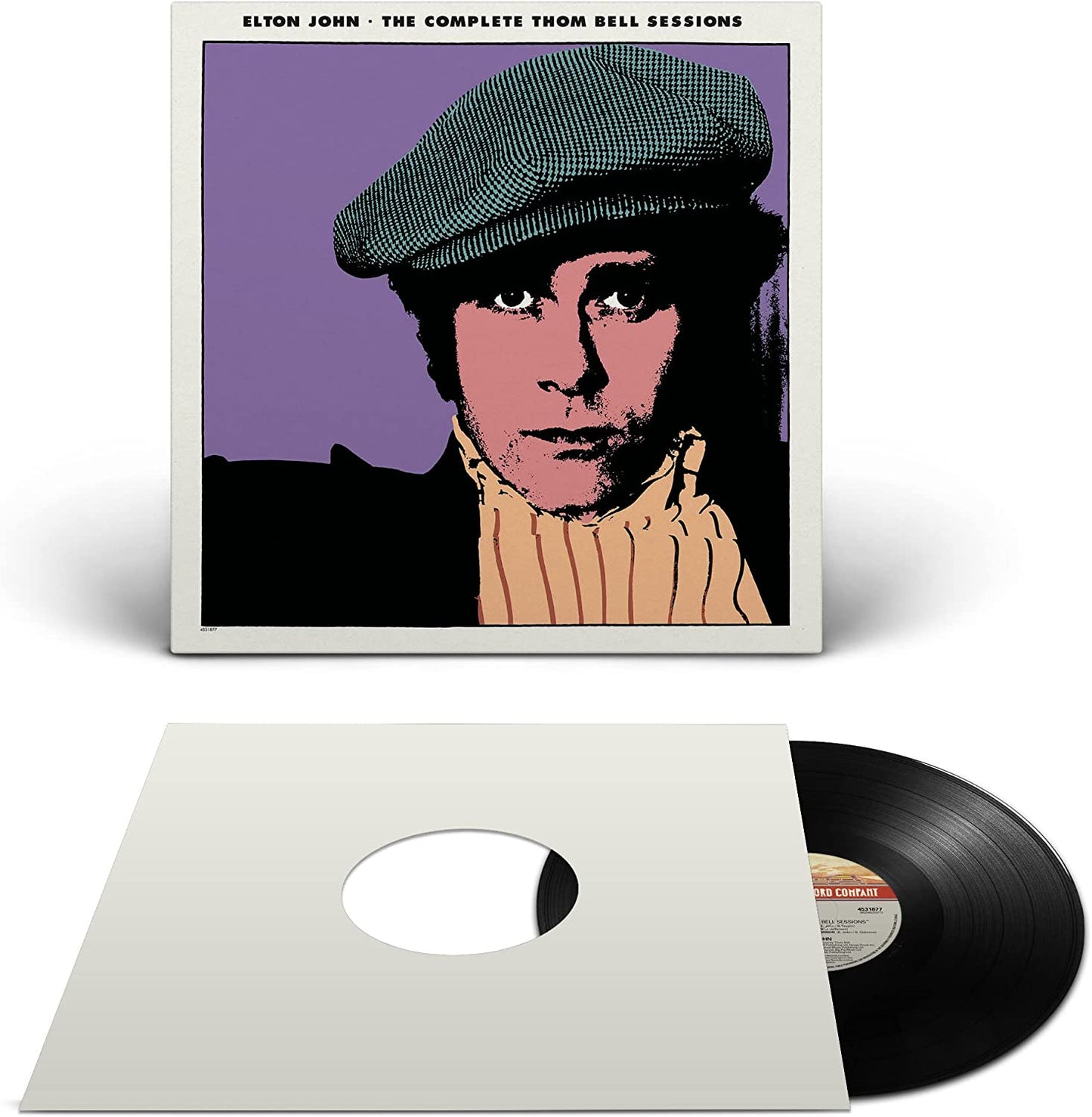 "Elton John's vinyl record album cover and sleeve with a black vinyl record."