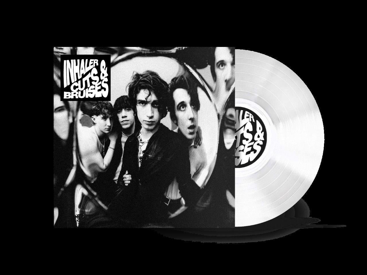 "Album cover with band photo and white vinyl record on a black background."