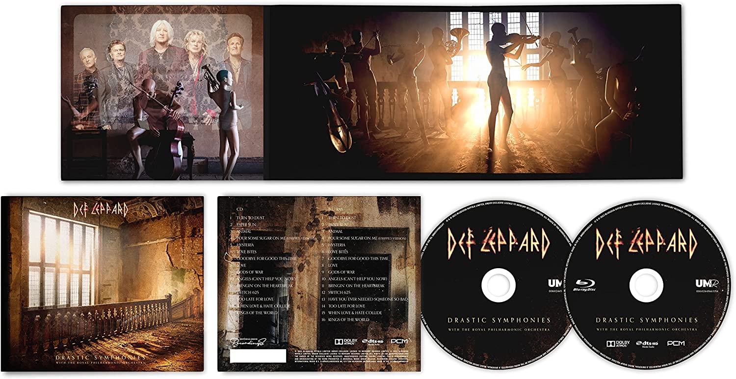 "Def Leppard album packaging with CD, Blu-ray, and artwork featuring the band and orchestra."
