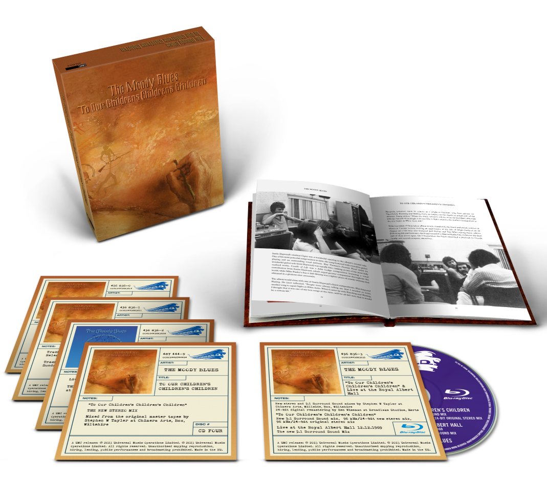 "The Moody Blues" CD box set with booklet, discs, and Blu-ray disc on white background.