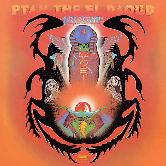 "Album cover with Egyptian-themed artwork, orange background, and central deity figure."